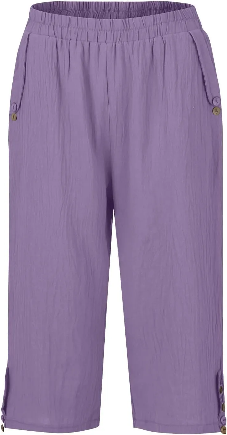 Capri Linen Pants for Women Petite Women's Wide Leg Pants Casual Drawstring Lounge Palazzo Loose Trousers