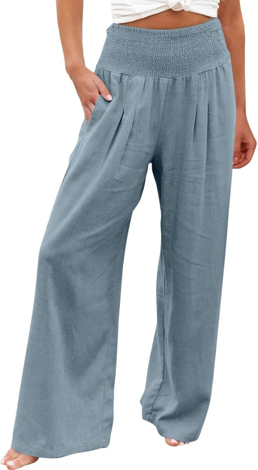 Capri Linen Pants for Women Petite Women's Wide Leg Pants Casual Drawstring Lounge Palazzo Loose Trousers