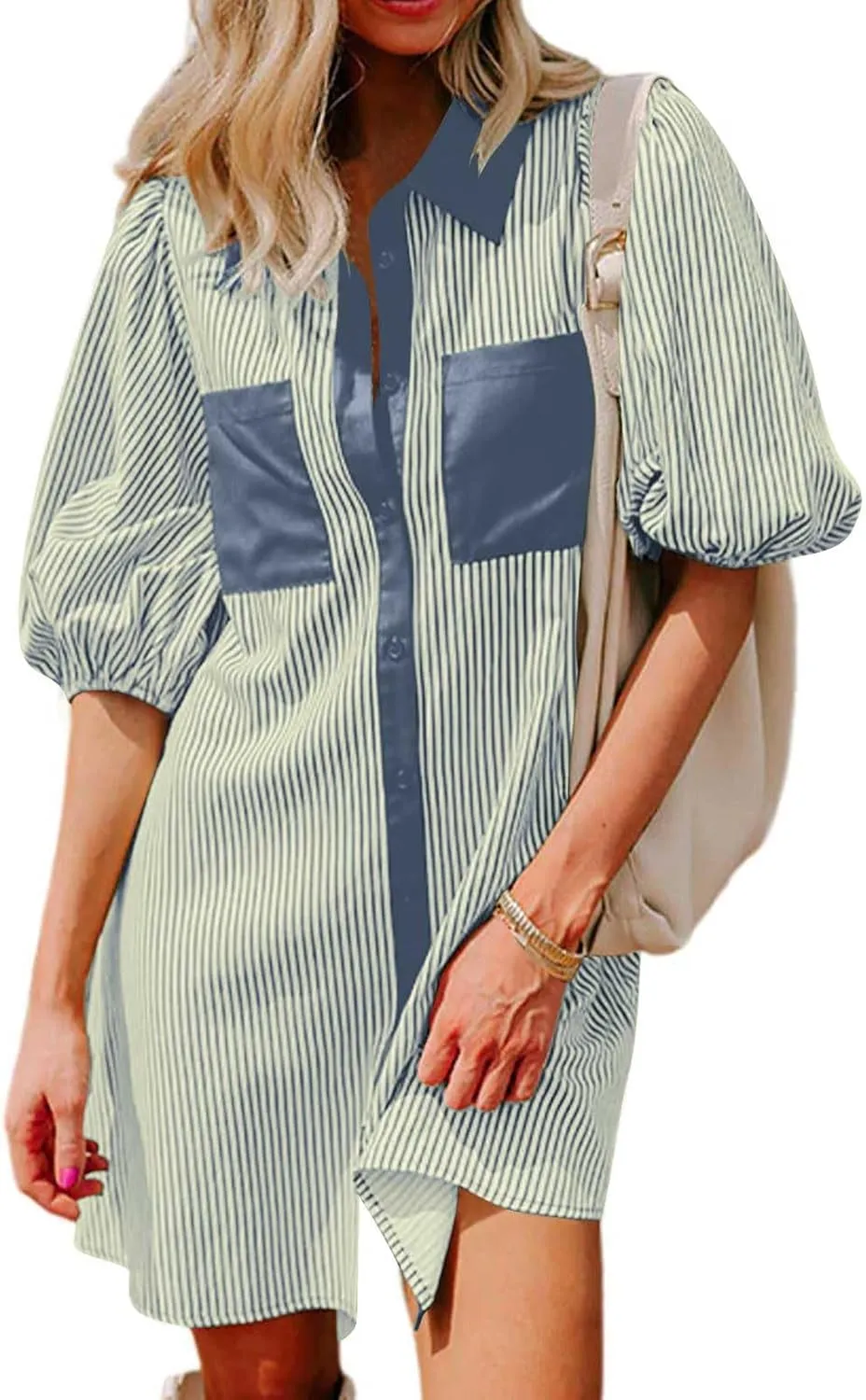 Casual Dresses for Women Comfy Lapel Neck Half Sleeve Shirt Dress Strip Button Up Mini Dress with Pockets
