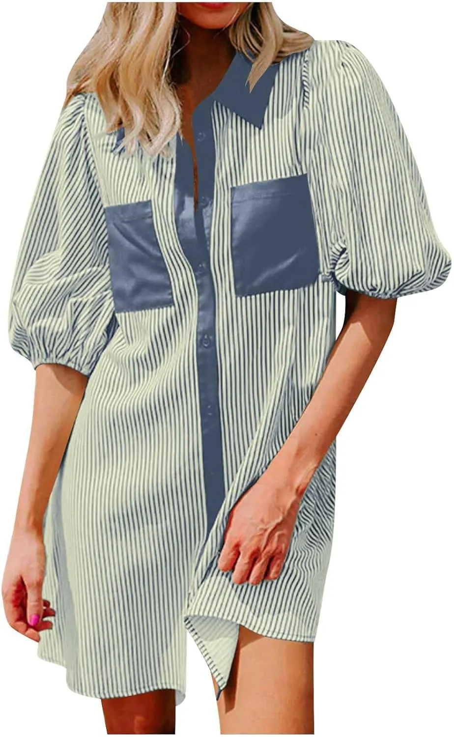 Casual Dresses for Women Comfy Lapel Neck Half Sleeve Shirt Dress Strip Button Up Mini Dress with Pockets