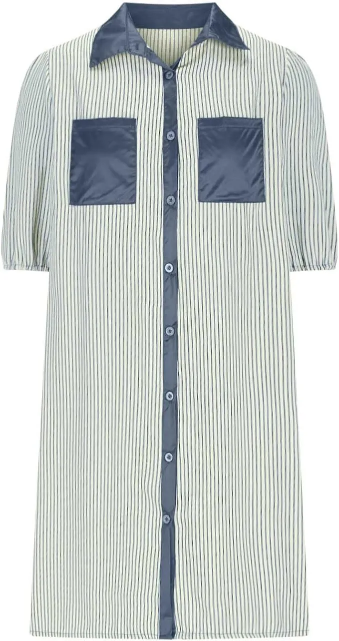 Casual Dresses for Women Comfy Lapel Neck Half Sleeve Shirt Dress Strip Button Up Mini Dress with Pockets
