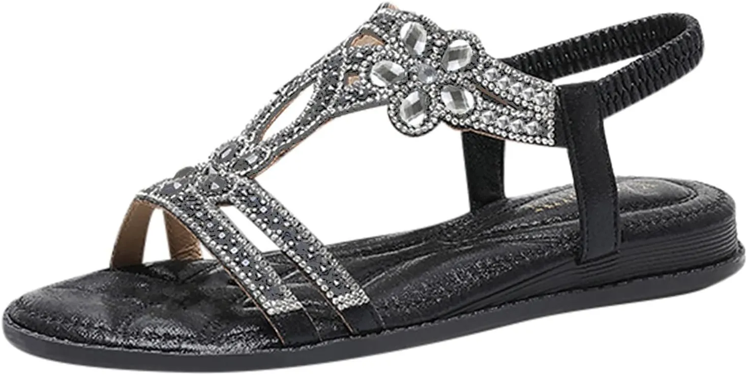 Cathalem Flat Sandals for Women Dressy Flat Women's Rhinestone Beaded Flower Bohemia Low Heeled Sandals