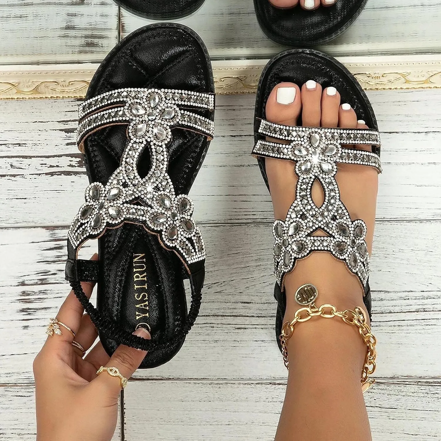 Cathalem Flat Sandals for Women Dressy Flat Women's Rhinestone Beaded Flower Bohemia Low Heeled Sandals