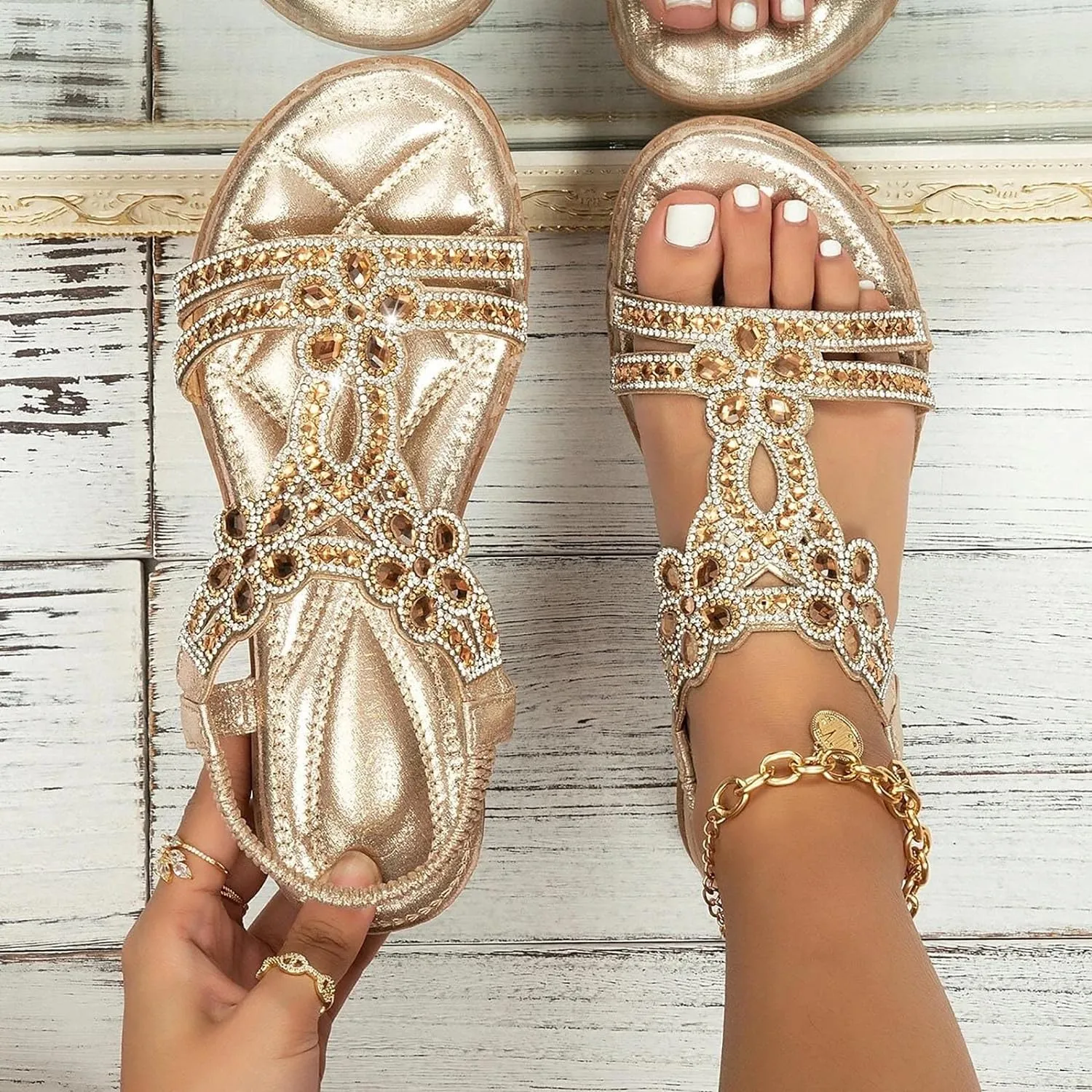 Cathalem Sandals for women 2024 Flat Women's Rhinestone Beaded Flower Bohemia Low Heeled Sandals