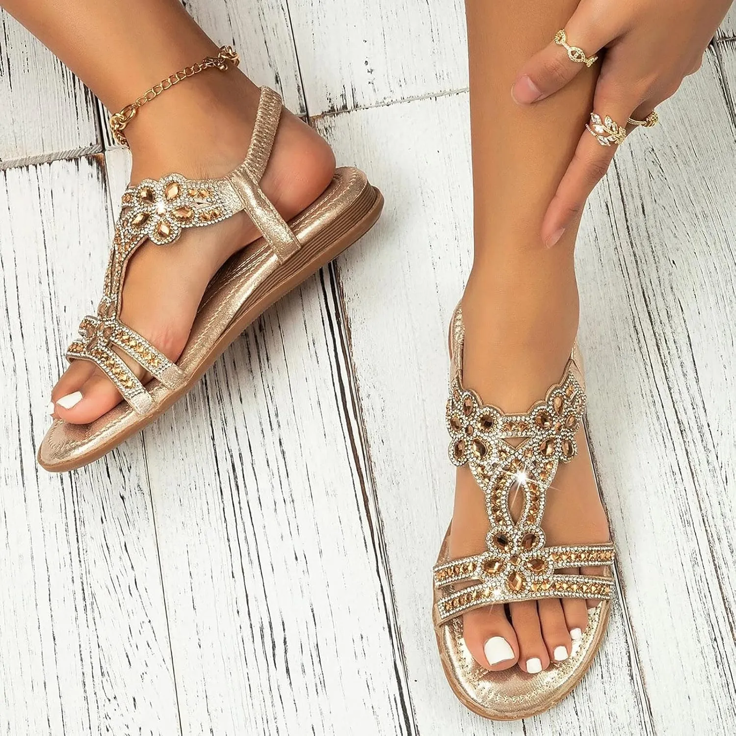 Cathalem Sandals for women 2024 Flat Women's Rhinestone Beaded Flower Bohemia Low Heeled Sandals