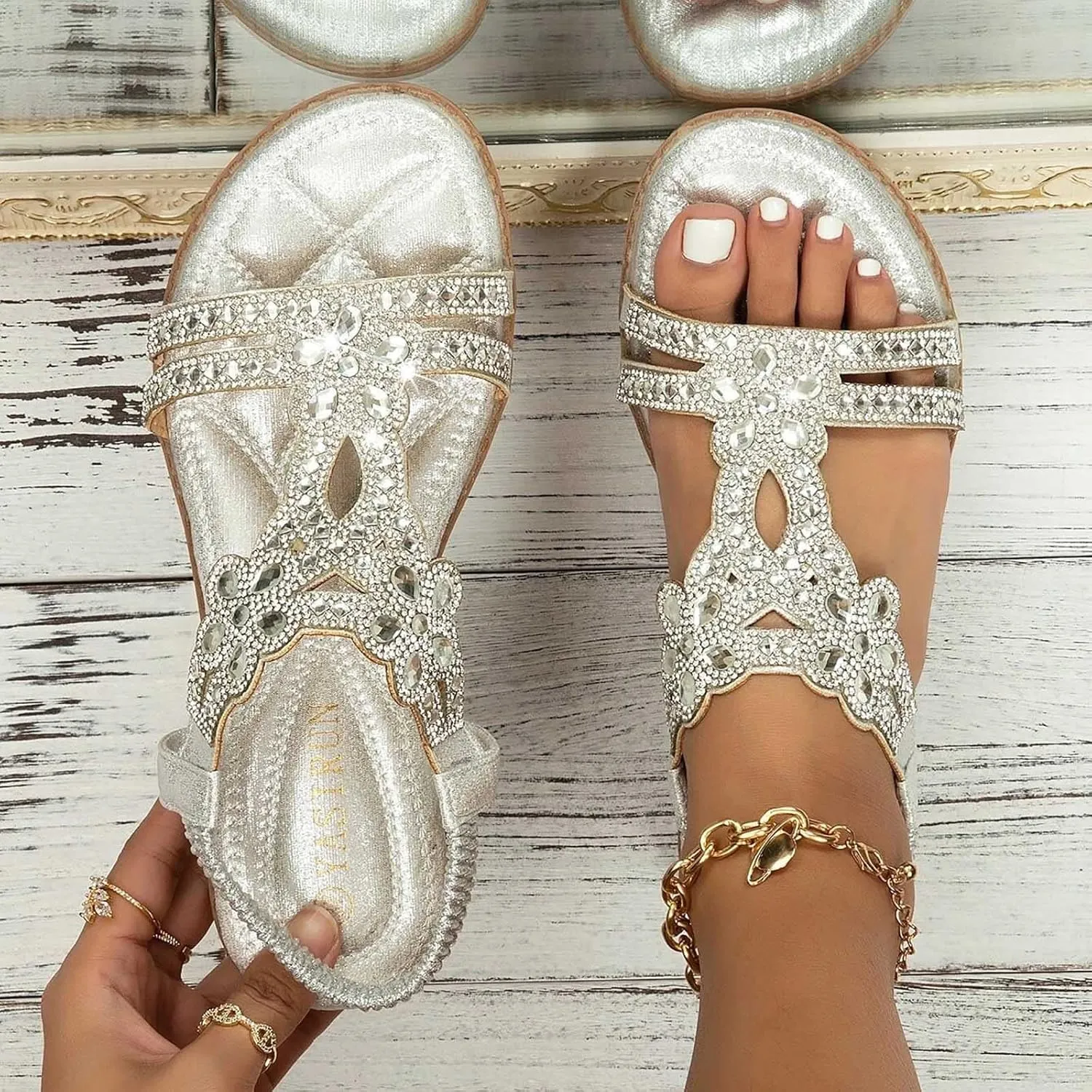 Cathalem Sandals for women 2024 Flat Women's Rhinestone Beaded Flower Bohemia Low Heeled Sandals