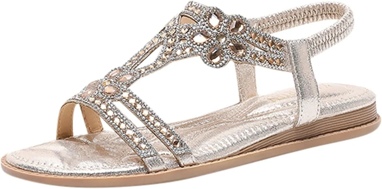 Cathalem Sandals for women 2024 Flat Women's Rhinestone Beaded Flower Bohemia Low Heeled Sandals