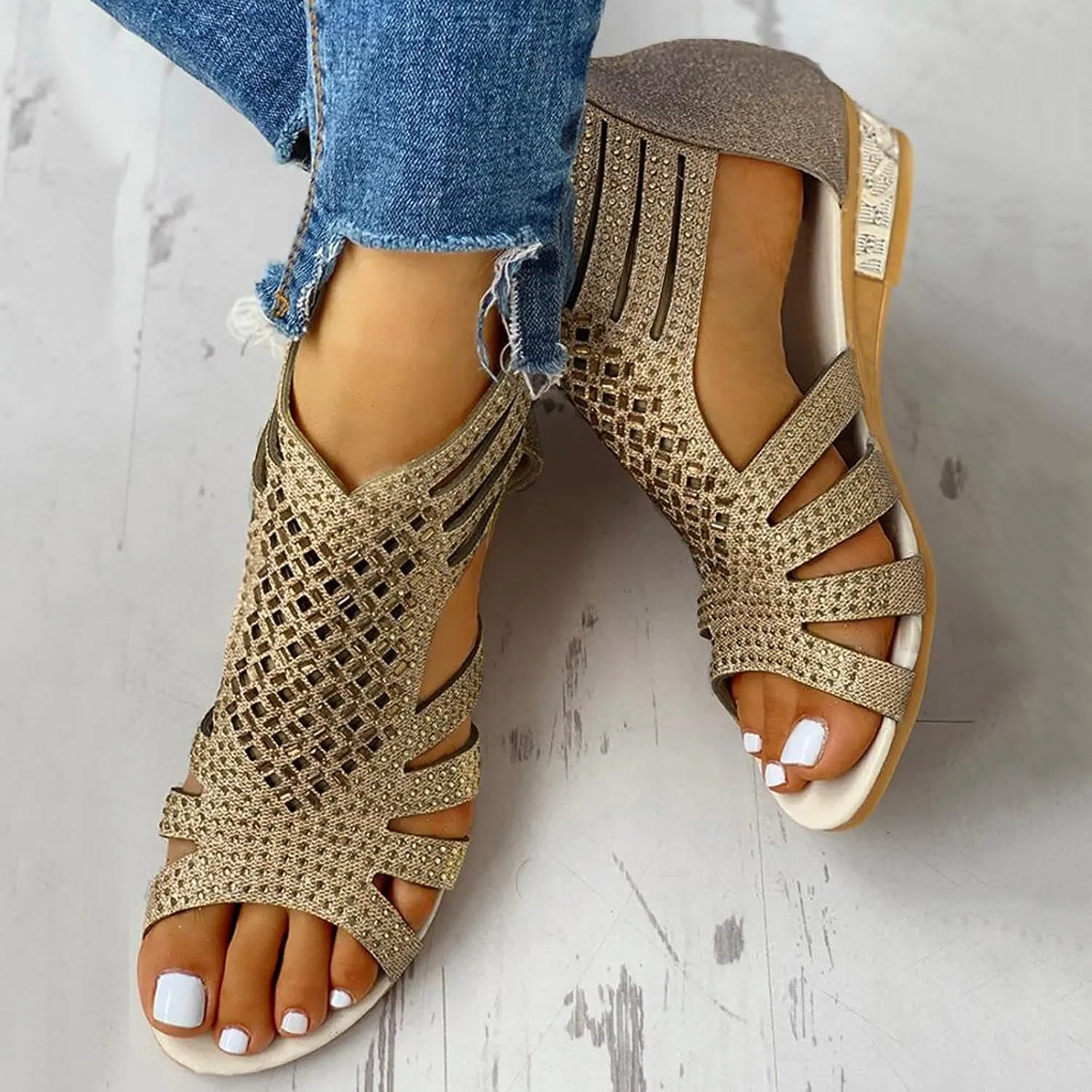 Cathalem Wedge Sandals for Women Non Slip Jeweled Bohemian Weight Slingback Sandals Rhinestone Gladiator Flat Shoe