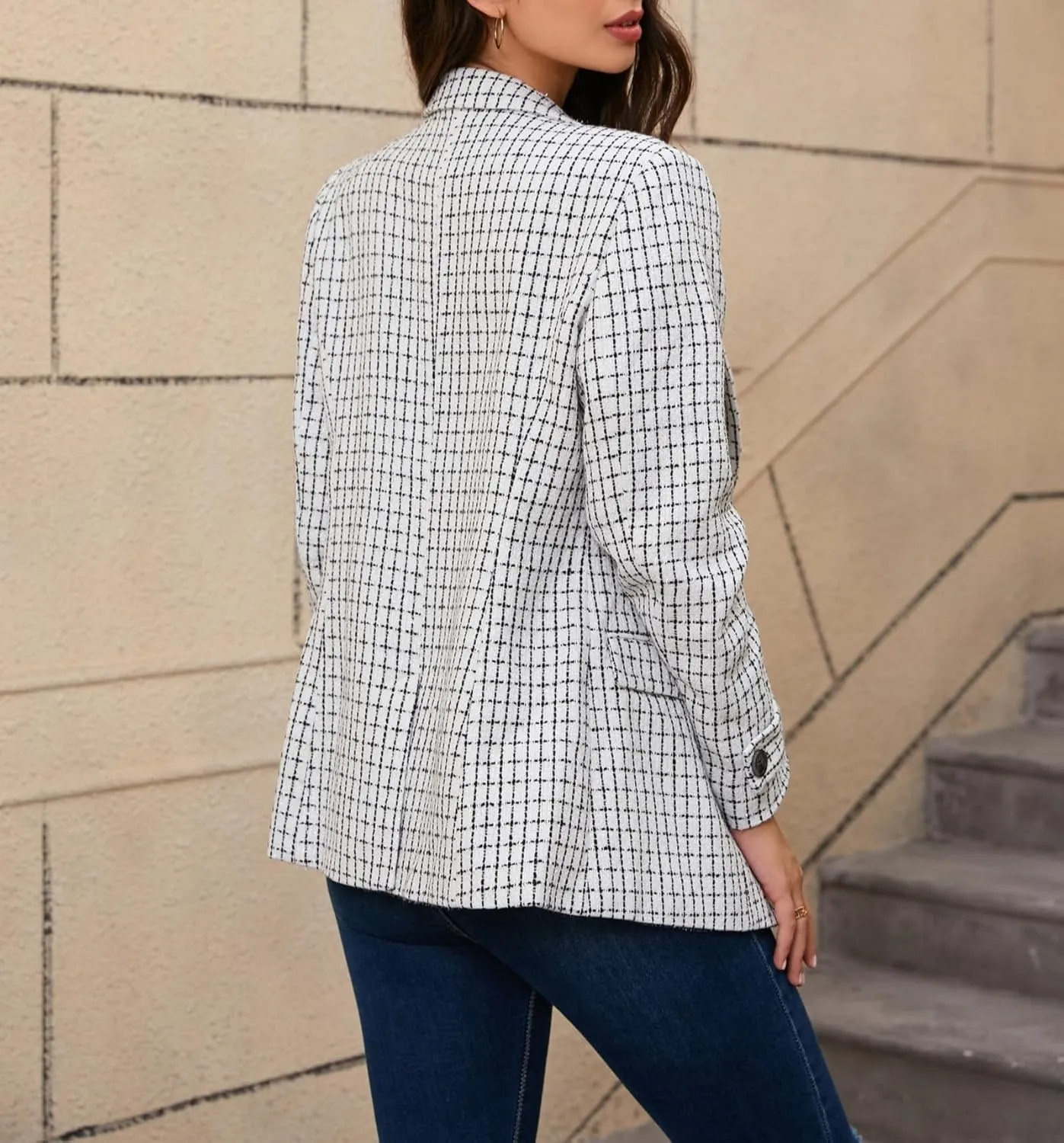 CCTOO Womens Tweed Blazers Casual Jackets Long Sleeve Oversized Open Front Plaid Blazer Jackets Work Suits with Pockets