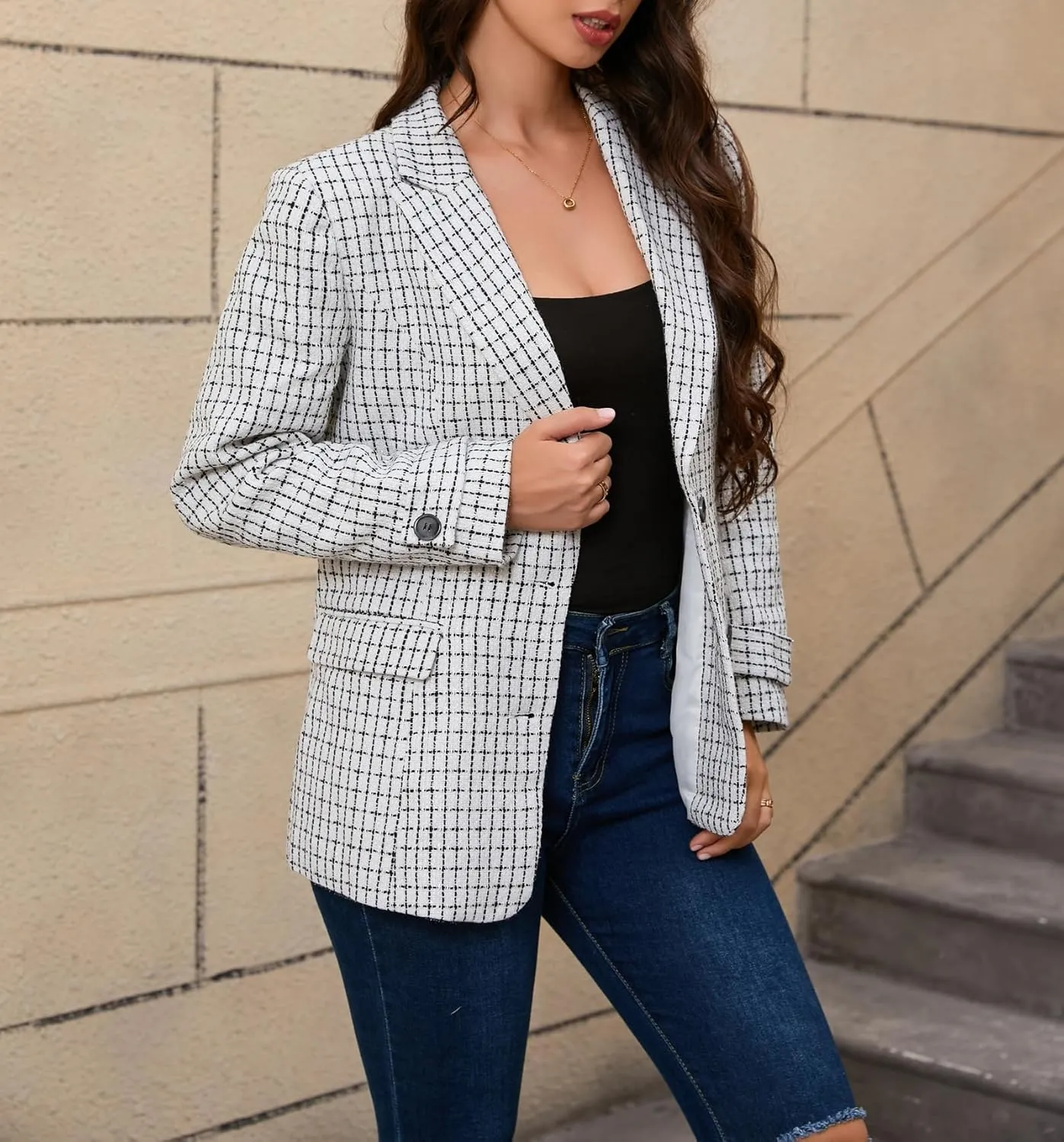CCTOO Womens Tweed Blazers Casual Jackets Long Sleeve Oversized Open Front Plaid Blazer Jackets Work Suits with Pockets