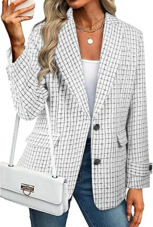CCTOO Womens Tweed Blazers Casual Jackets Long Sleeve Oversized Open Front Plaid Blazer Jackets Work Suits with Pockets
