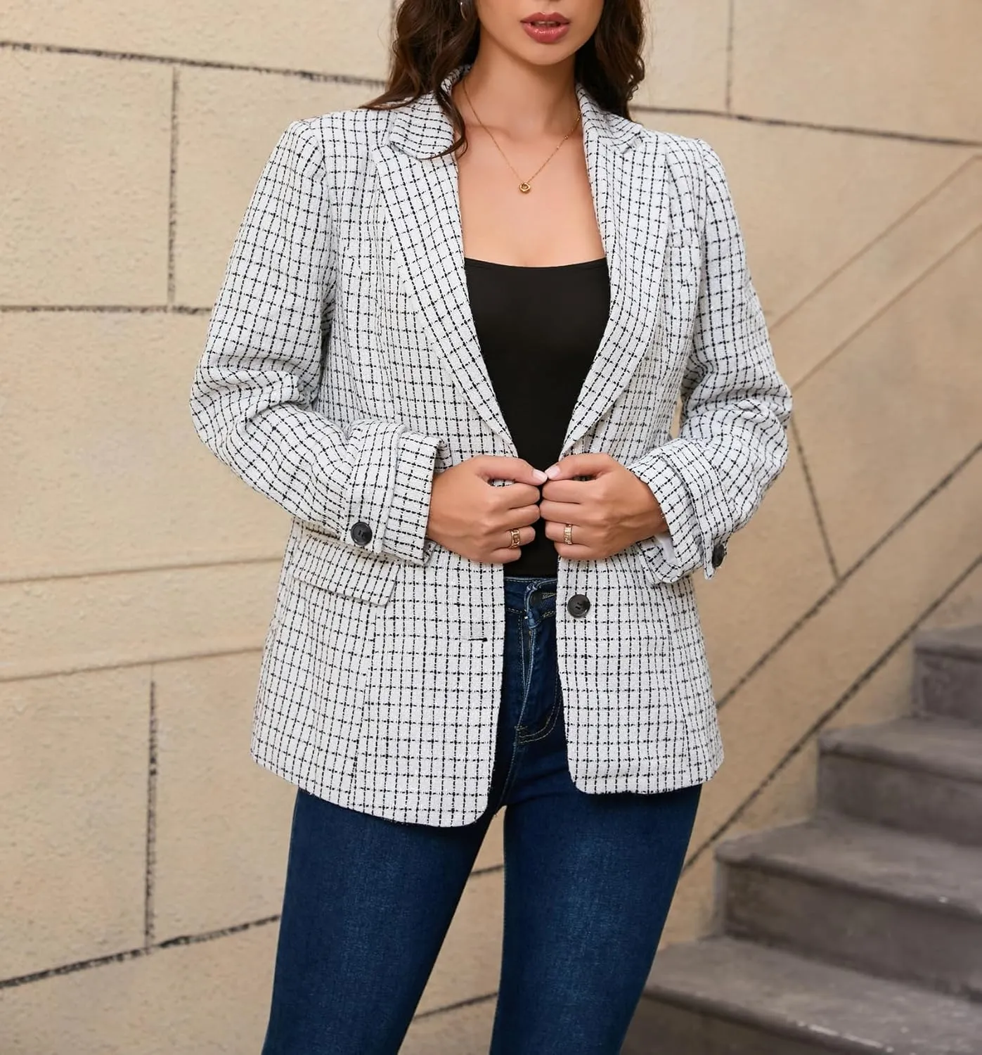 CCTOO Womens Tweed Blazers Casual Jackets Long Sleeve Oversized Open Front Plaid Blazer Jackets Work Suits with Pockets