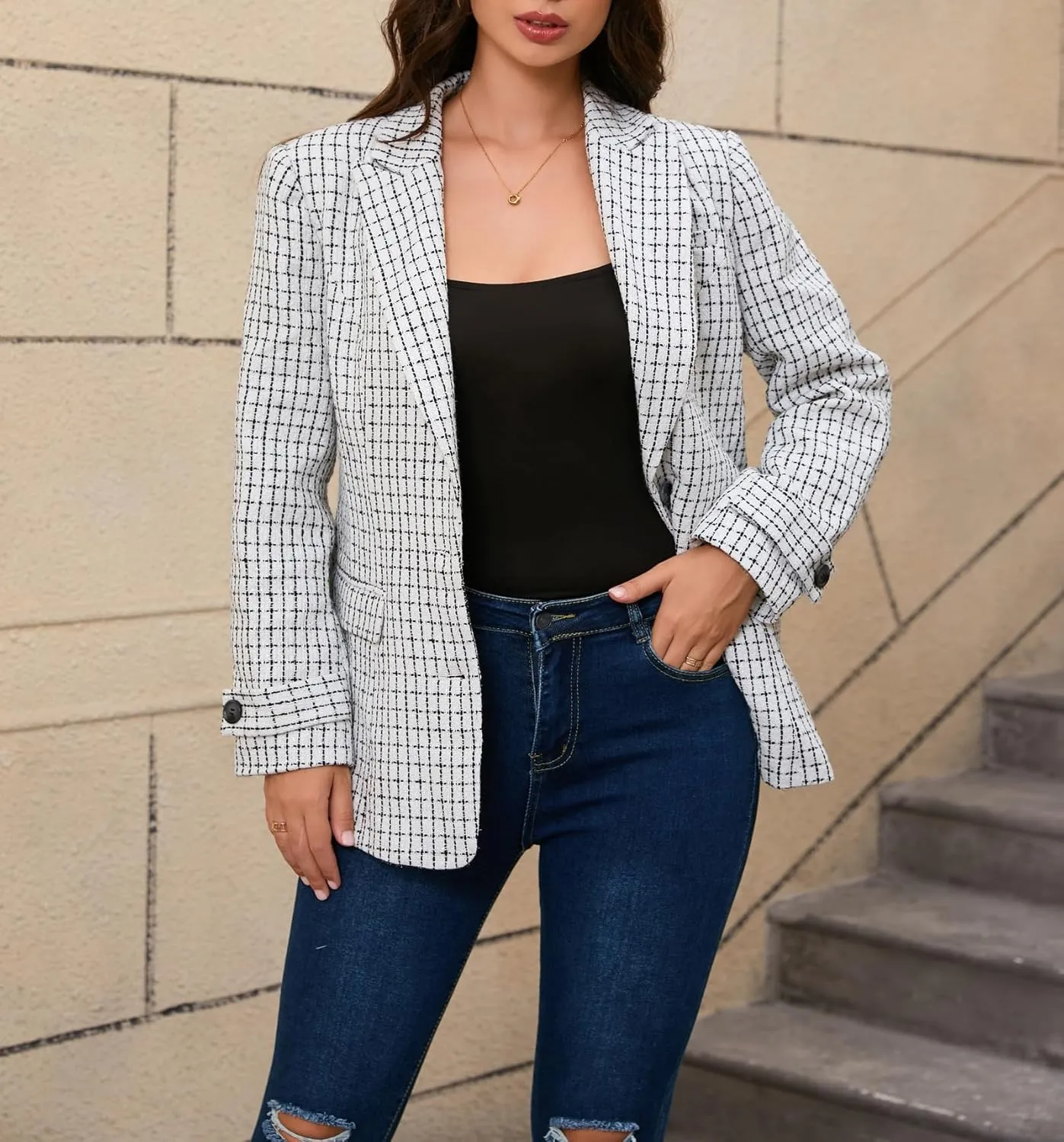 CCTOO Womens Tweed Blazers Casual Jackets Long Sleeve Oversized Open Front Plaid Blazer Jackets Work Suits with Pockets