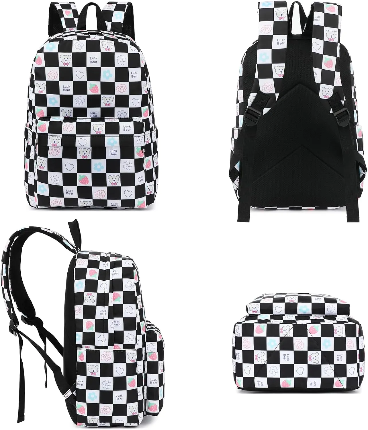Checkered Bear School Backpack for Teens Girls, Womens College Bookbags Laptop Backpacks (Black)