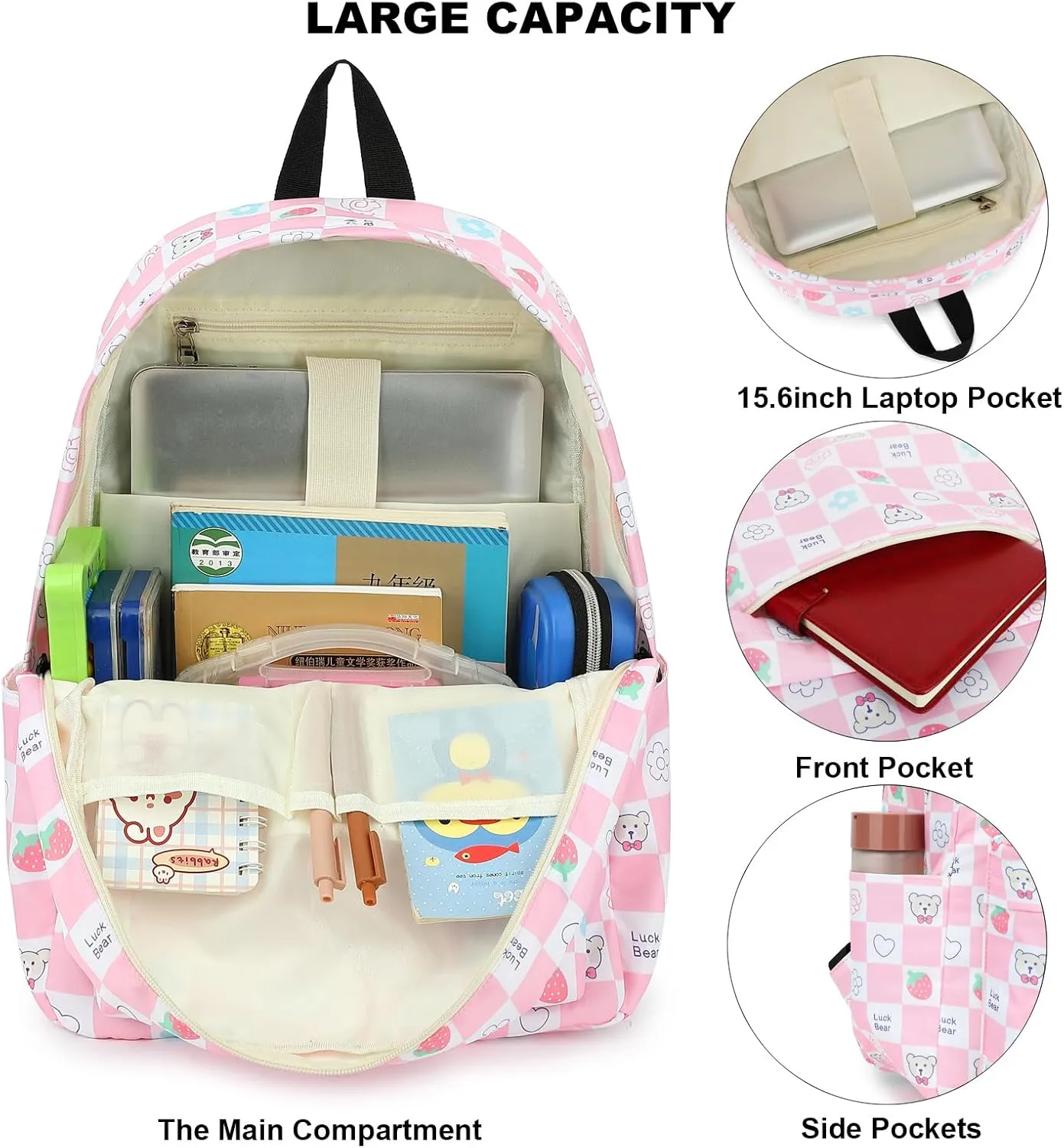 Checkered Bear School Backpack for Teens Girls, Womens College Bookbags Laptop Backpacks (Pink)