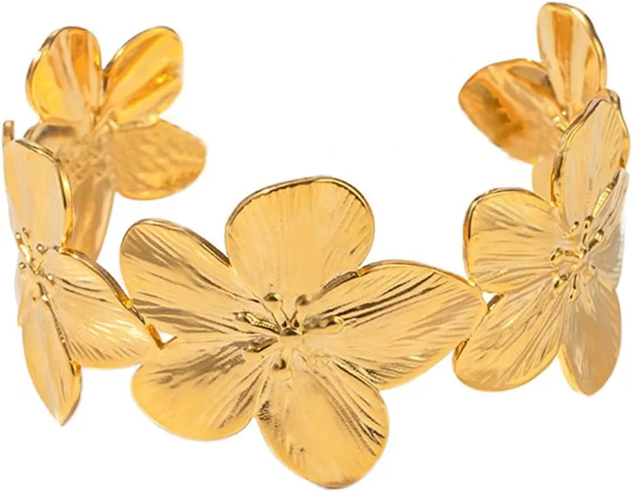 Chunky Gold Bracelet for Women 14K Gold Plated Cuff Bracelet Vintage Flower Bracelet Wide Open Cuff Bangles Statement Bracelet Jewelry Chrismas Birthday Flower Charm
