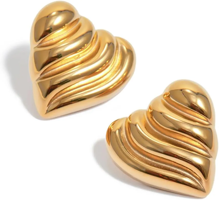 Chunky Gold Earrings for Women Trendy, Gold Statement Earrings Hypoallergenic Big Wings Heart Textured Stud Earrings Dainty Vintage Jewelry for Women Birthday Gifts