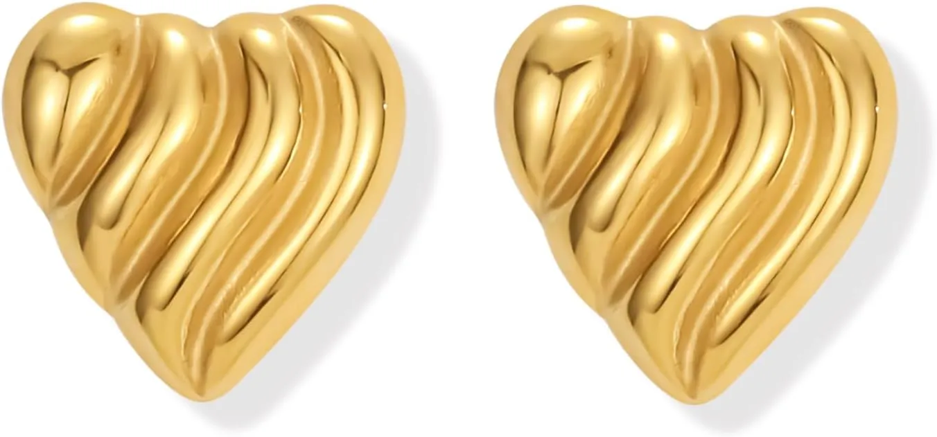 Chunky Gold Earrings for Women Trendy, Gold Statement Earrings Hypoallergenic Big Wings Heart Textured Stud Earrings Dainty Vintage Jewelry for Women Birthday Gifts