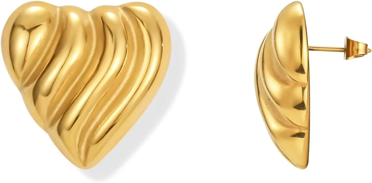 Chunky Gold Earrings for Women Trendy, Gold Statement Earrings Hypoallergenic Big Wings Heart Textured Stud Earrings Dainty Vintage Jewelry for Women Birthday Gifts