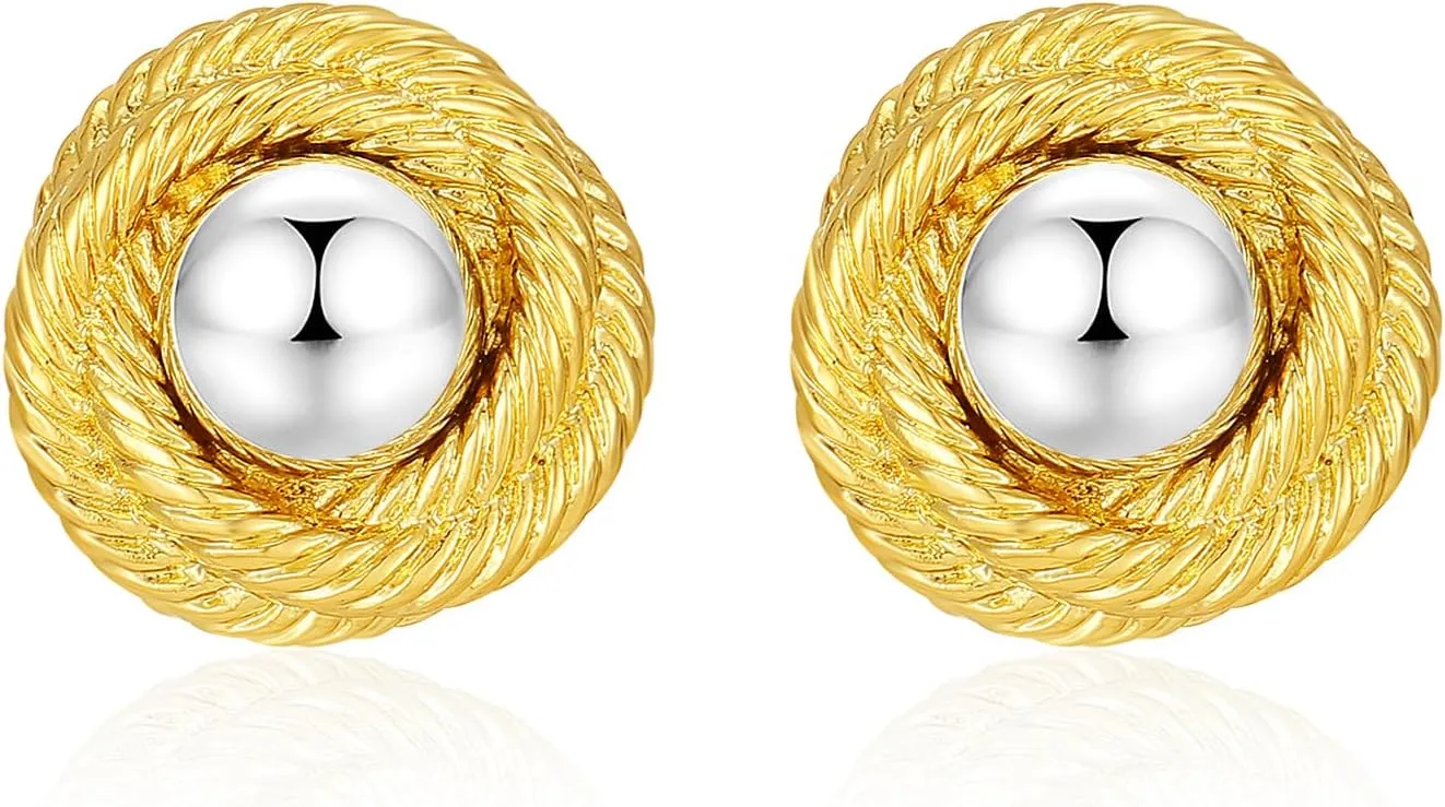Chunky Gold Earrings, Trendy Vintage 14K Gold Plated Round Rope Disc Stud Statement Earrings Hypoallergenic Dupes Jewelry for Women