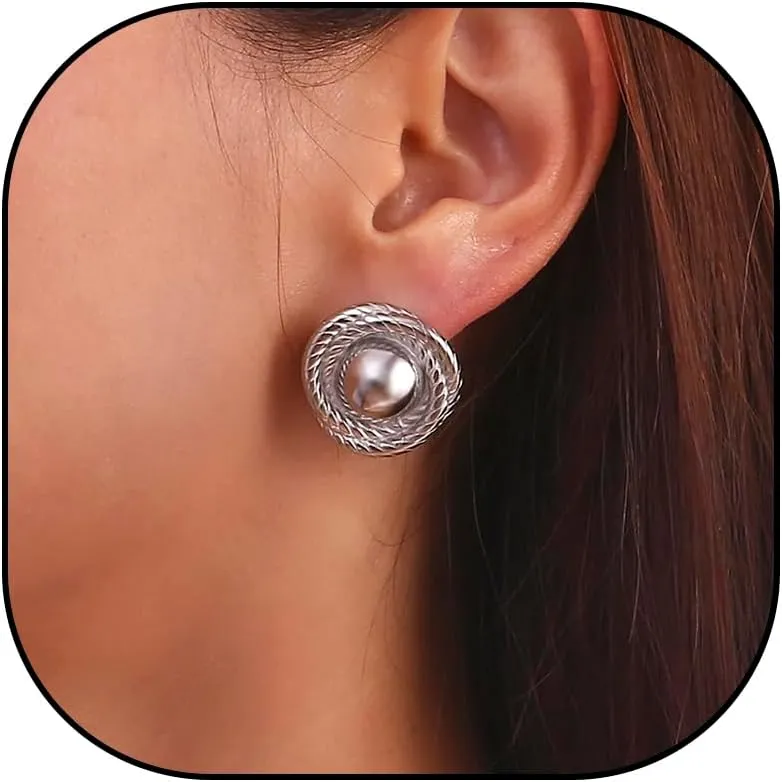 Chunky gold statement earrings for Women Round Rope Disc Stud Earrings New 18k Gold Color Hypoallergenic Stainless Steel Thread Texture Tound Earrings Temperament Plated Rust Proof Stylish Charm Jewelry