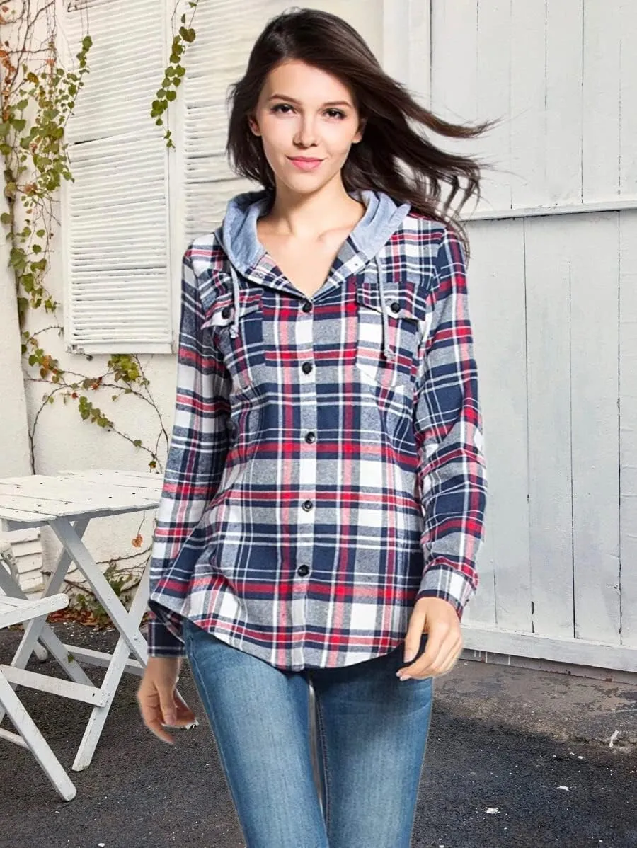 Classic Plaid Cotton Hoodies for Women - Flannel Long Sleeve Button-Up Drawstring Shirt with Pockets Casual Outfits