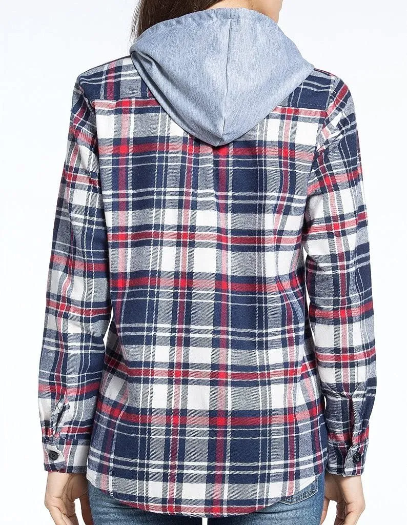 Classic Plaid Cotton Hoodies for Women - Flannel Long Sleeve Button-Up Drawstring Shirt with Pockets Casual Outfits