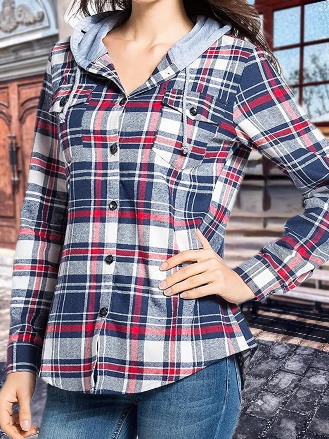 Classic Plaid Cotton Hoodies for Women - Flannel Long Sleeve Button-Up Drawstring Shirt with Pockets Casual Outfits