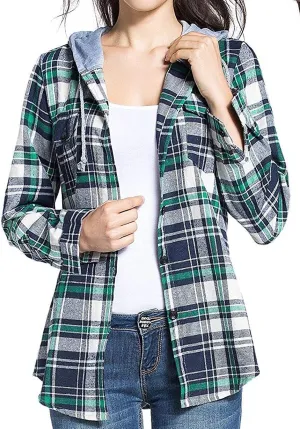 Classic Plaid Cotton Hoodies for Women - Flannel Long Sleeve Button-Up Drawstring Shirt with Pockets Casual Outfits