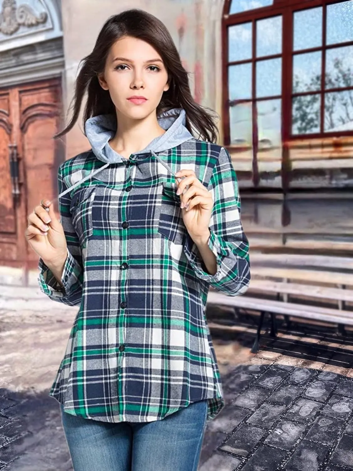 Classic Plaid Cotton Hoodies for Women - Flannel Long Sleeve Button-Up Drawstring Shirt with Pockets Casual Outfits