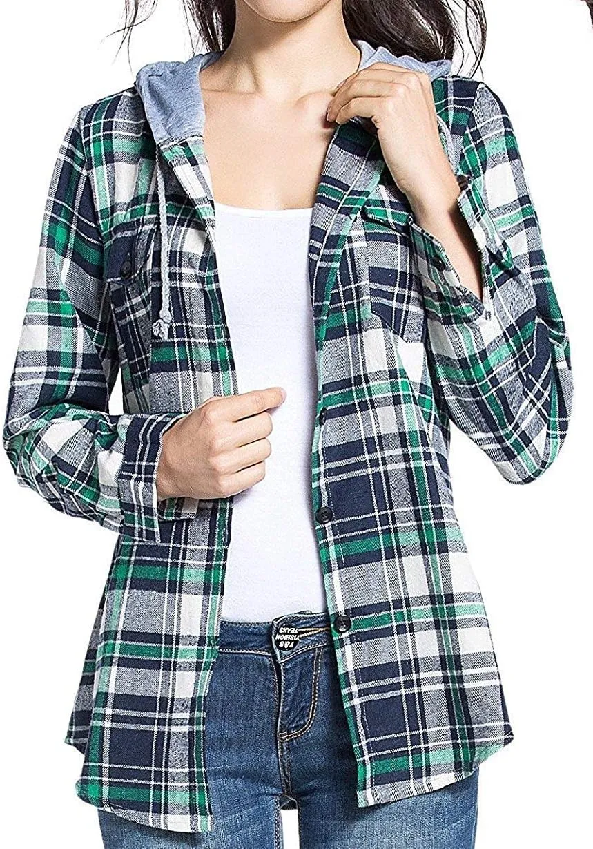 Classic Plaid Cotton Hoodies for Women - Flannel Long Sleeve Button-Up Drawstring Shirt with Pockets Casual Outfits