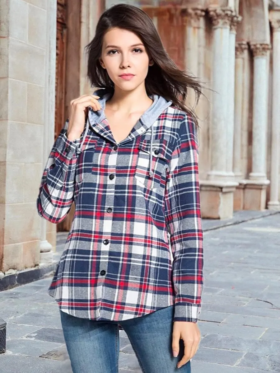 Classic Plaid Cotton Hoodies for Women - Flannel Long Sleeve Button-Up Drawstring Shirt with Pockets Casual Outfits