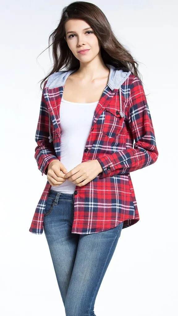 Classic Plaid Cotton Hoodies for Women - Flannel Long Sleeve Button-Up Drawstring Shirt with Pockets Casual Outfits