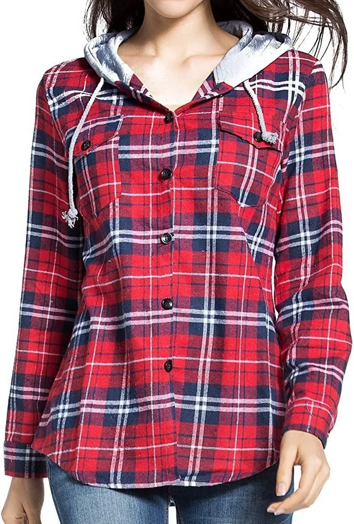Classic Plaid Cotton Hoodies for Women - Flannel Long Sleeve Button-Up Drawstring Shirt with Pockets Casual Outfits
