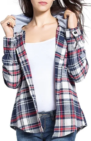Classic Plaid Cotton Hoodies for Women - Flannel Long Sleeve Button-Up Drawstring Shirt with Pockets Casual Outfits