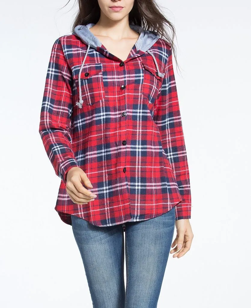 Classic Plaid Cotton Hoodies for Women - Flannel Long Sleeve Button-Up Drawstring Shirt with Pockets Casual Outfits