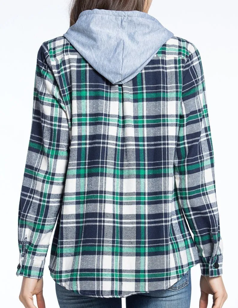 Classic Plaid Cotton Hoodies for Women - Flannel Long Sleeve Button-Up Drawstring Shirt with Pockets Casual Outfits