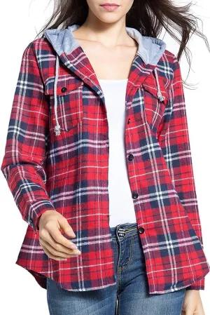 Classic Plaid Cotton Hoodies for Women - Flannel Long Sleeve Button-Up Drawstring Shirt with Pockets Casual Outfits