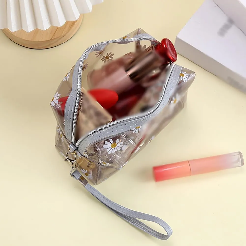 Clear Flower Makeup Bags Transparent Floral Cosmetic Bag Daisy Zippered Pouches Portable Waterproof Toiletry Bags Travel Vacation Bathroom Organizer with Handle Strap for Women Girls Grey