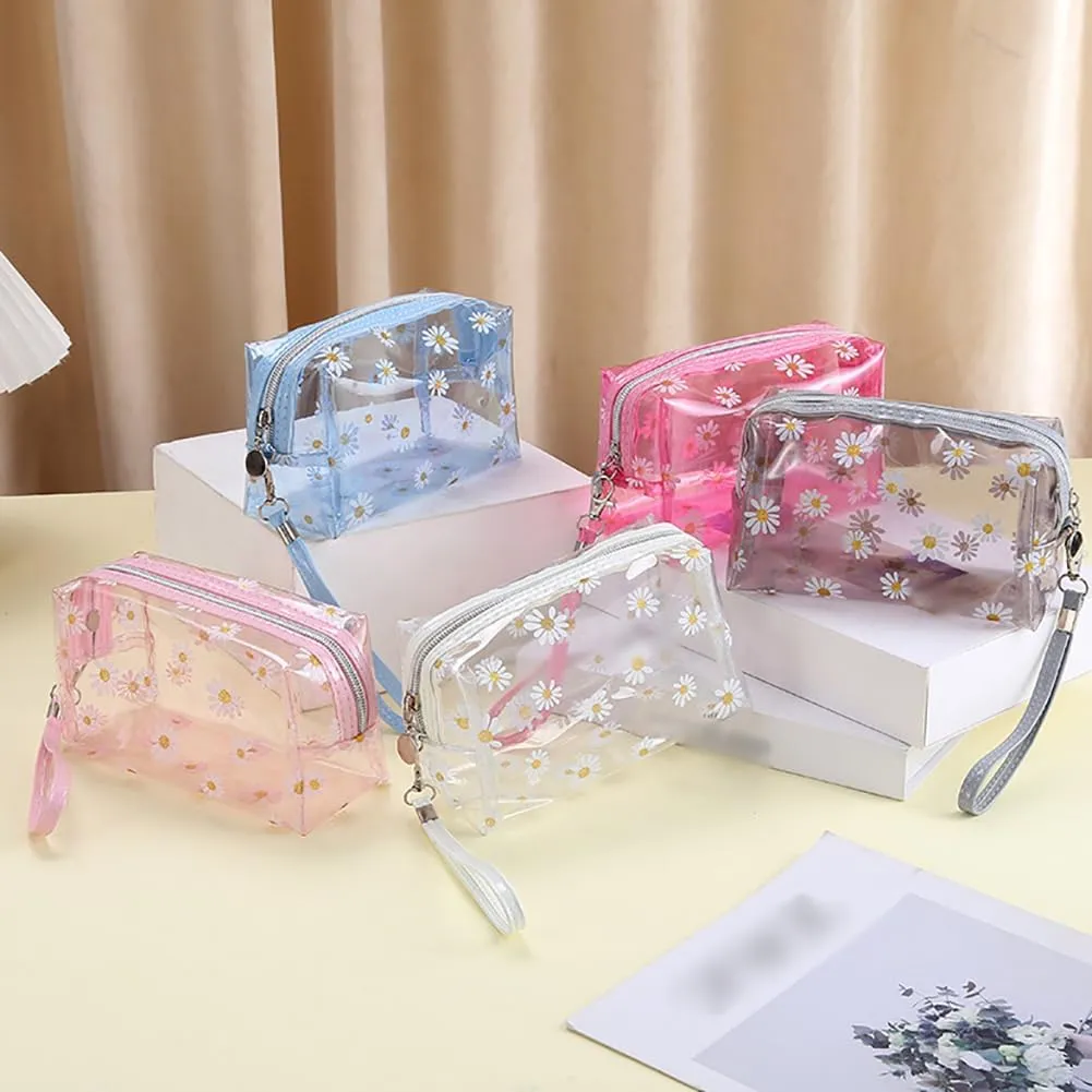 Clear Flower Makeup Bags Transparent Floral Cosmetic Bag Daisy Zippered Pouches Portable Waterproof Toiletry Bags Travel Vacation Bathroom Organizer with Handle Strap for Women Girls Grey