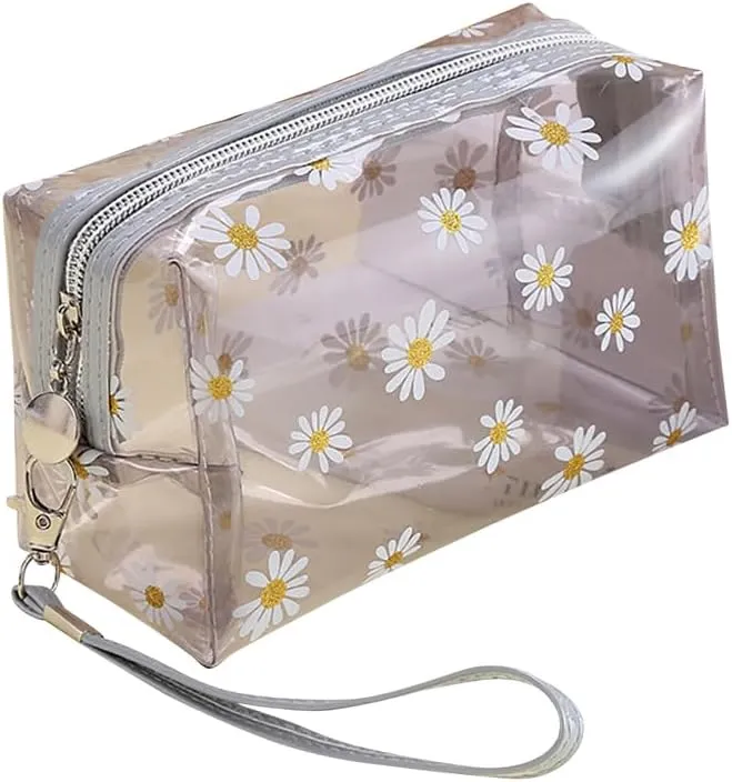 Clear Flower Makeup Bags Transparent Floral Cosmetic Bag Daisy Zippered Pouches Portable Waterproof Toiletry Bags Travel Vacation Bathroom Organizer with Handle Strap for Women Girls Grey