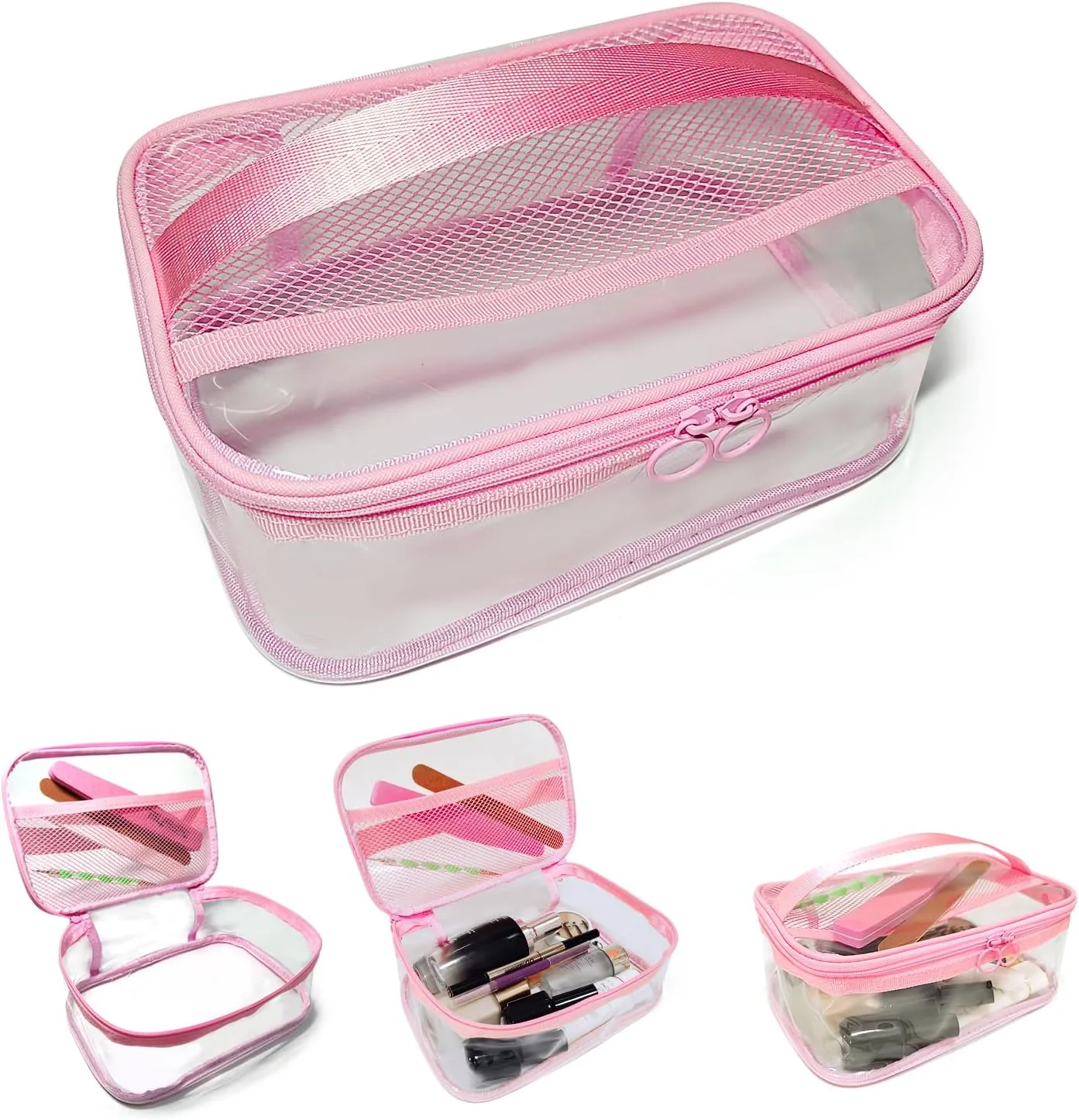 Clear Makeup Bags with Mesh TopClear PVC with Zipper Handle Portable Travel Luggage PouchTSA Approved Cosmetic Organizer (Pink)