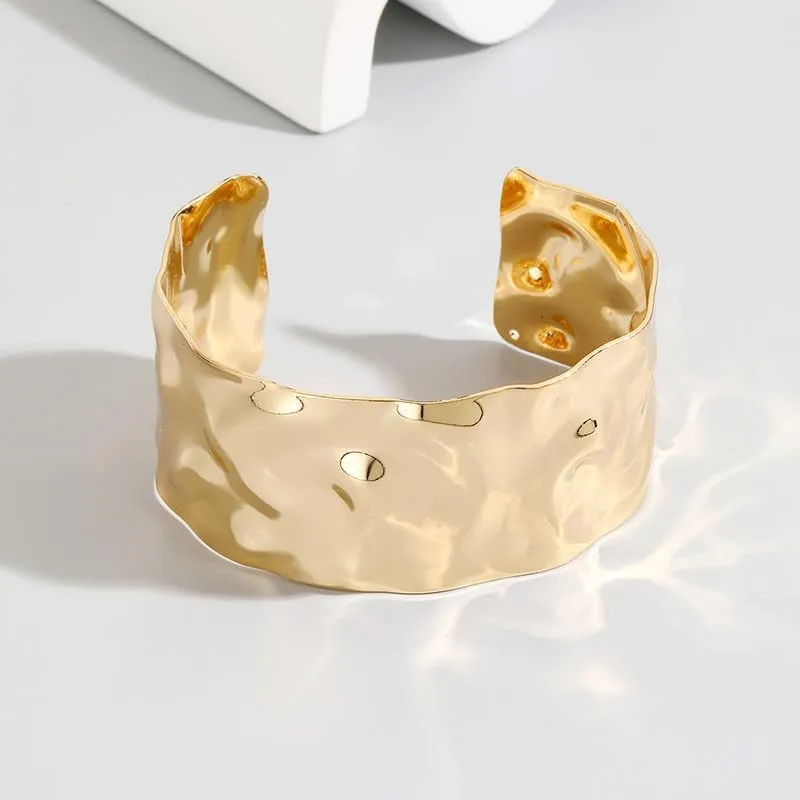 COLORFUL BLING Adjustable Open Wide Wire Bracelets Cuff Bangle Irregular Grooved Gold Wrist Hammered Chunky Wrap Bracelet for Women Statement Jewelry
