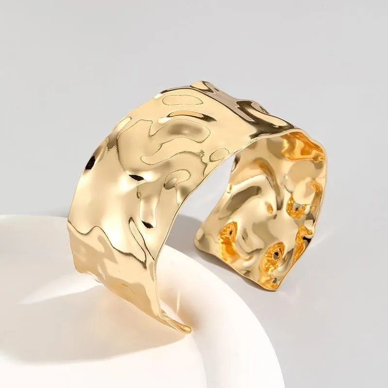 COLORFUL BLING Adjustable Open Wide Wire Bracelets Cuff Bangle Irregular Grooved Gold Wrist Hammered Chunky Wrap Bracelet for Women Statement Jewelry