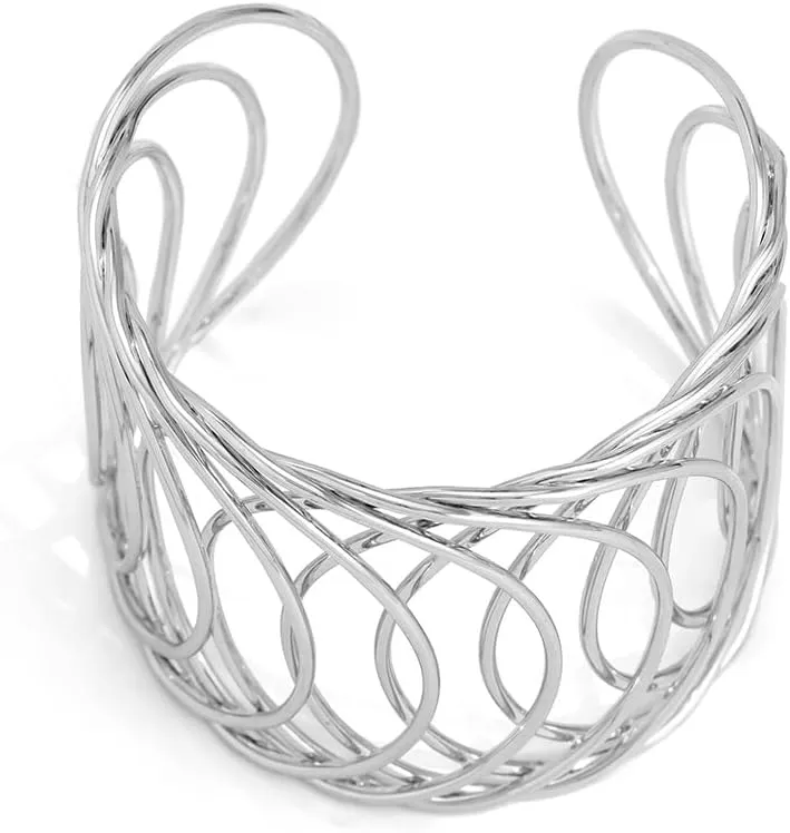 COLORFUL BLING Chunky Gold Silver Open Wide Hammered Wrist Cuff Bangle Adjustable Hollow Leaf Flower Wrap Bracelet for Women Statement Wristband Jewelry-silver hollow big