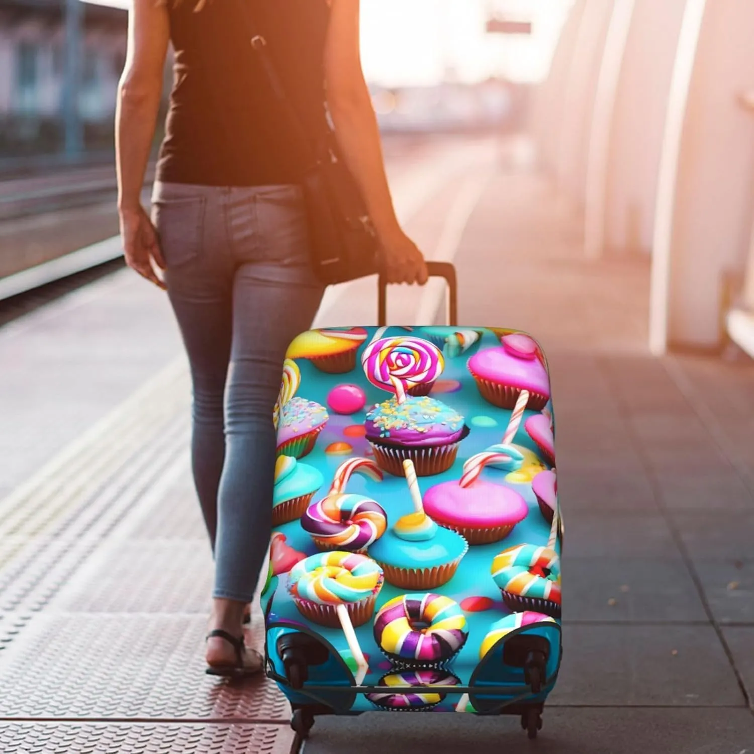 Colorful Sweet Lollipop Cupcake Donut Print Practical Elastic Washable Travel Luggage Cover with Concealed Zipper for Suitcases