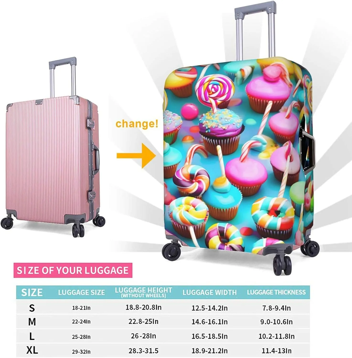 Colorful Sweet Lollipop Cupcake Donut Print Practical Elastic Washable Travel Luggage Cover with Concealed Zipper for Suitcases