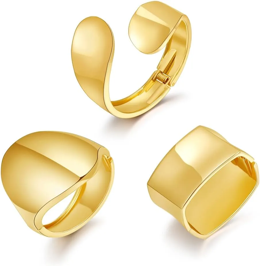 COLOYAN 3PCS Gold Chunky Bangle Bracelets for Women Trendy Wide Hinged Wrist Wrap Cuff Bracelet Set Irregular Open Bangle