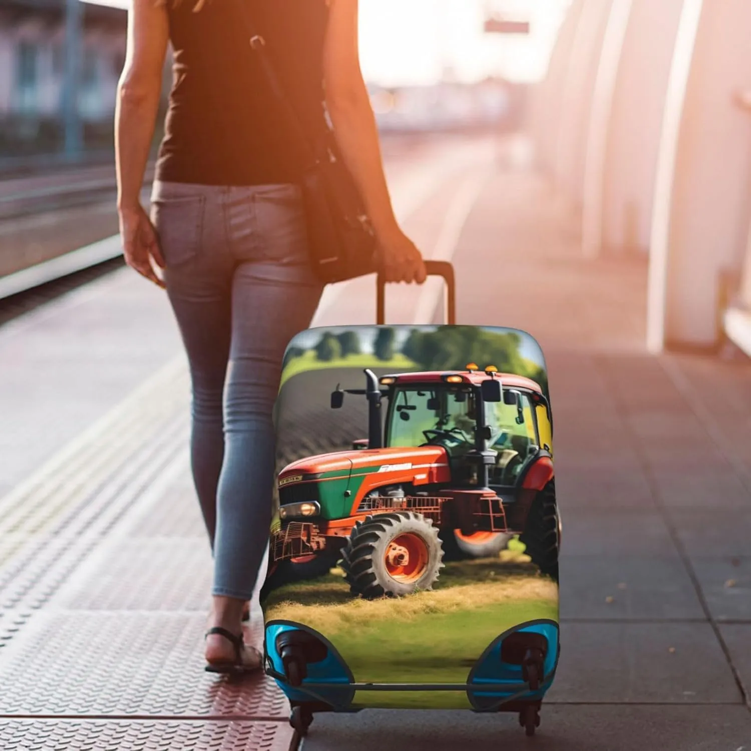 Company Farm Tractors Print Practical Elastic Washable Travel Luggage Cover with Concealed Zipper for Suitcases