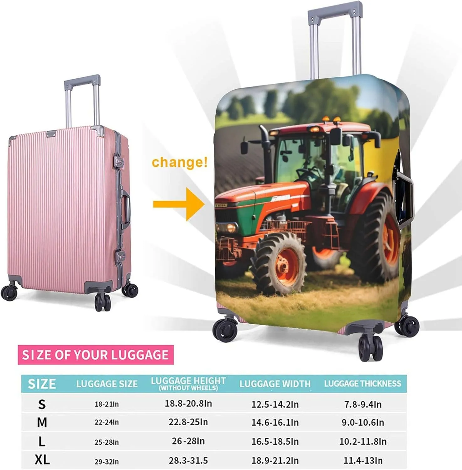 Company Farm Tractors Print Practical Elastic Washable Travel Luggage Cover with Concealed Zipper for Suitcases